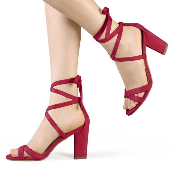 Open Toe Lace-Up High Block Heels Red Sandals - Picture 2 of 6